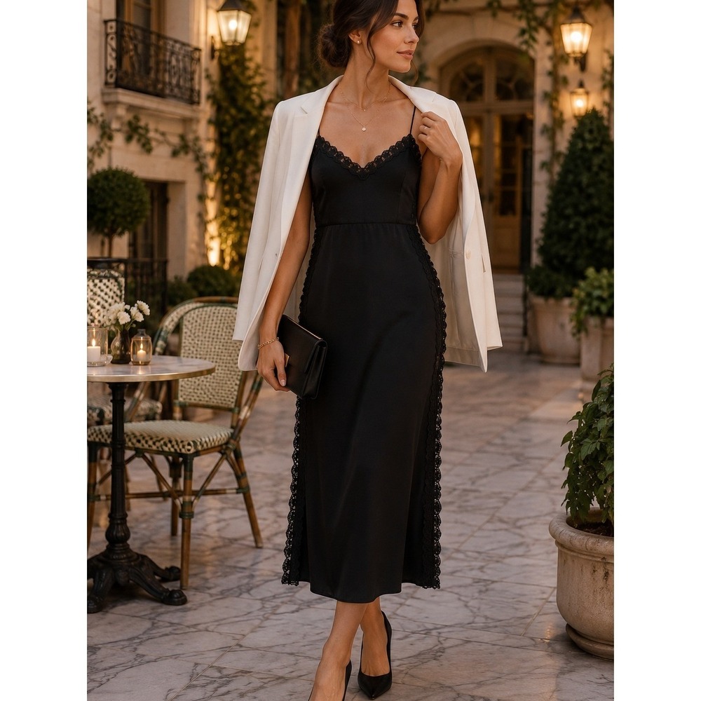 J.Crew Natasha crochet-trim slip dress black Size 6 Coquette Parisian Chic Dark